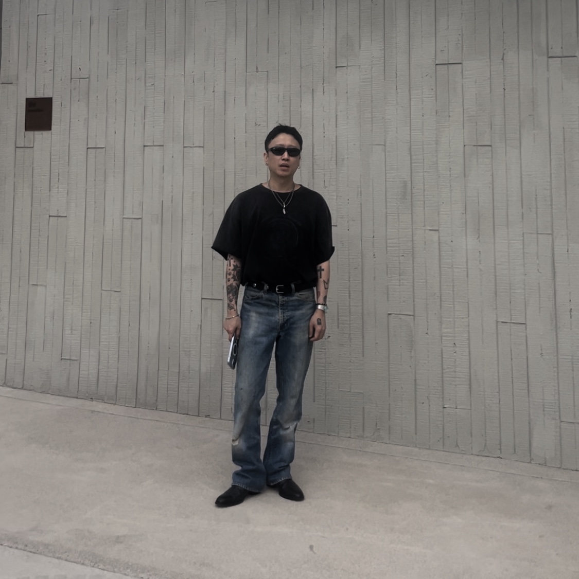 Stussy SS Link Studded Belt Black, Ray-Ban DADDY-O II Polished Black Frame Green Classic G-15 Lenses 착용 스타일
