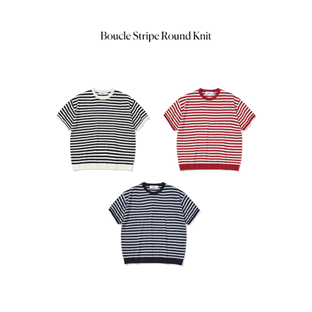 니티드 부클 스트라이프 라운드 니트 네이비(Knitted Boucle Stripe Round Knit Navy) - 2