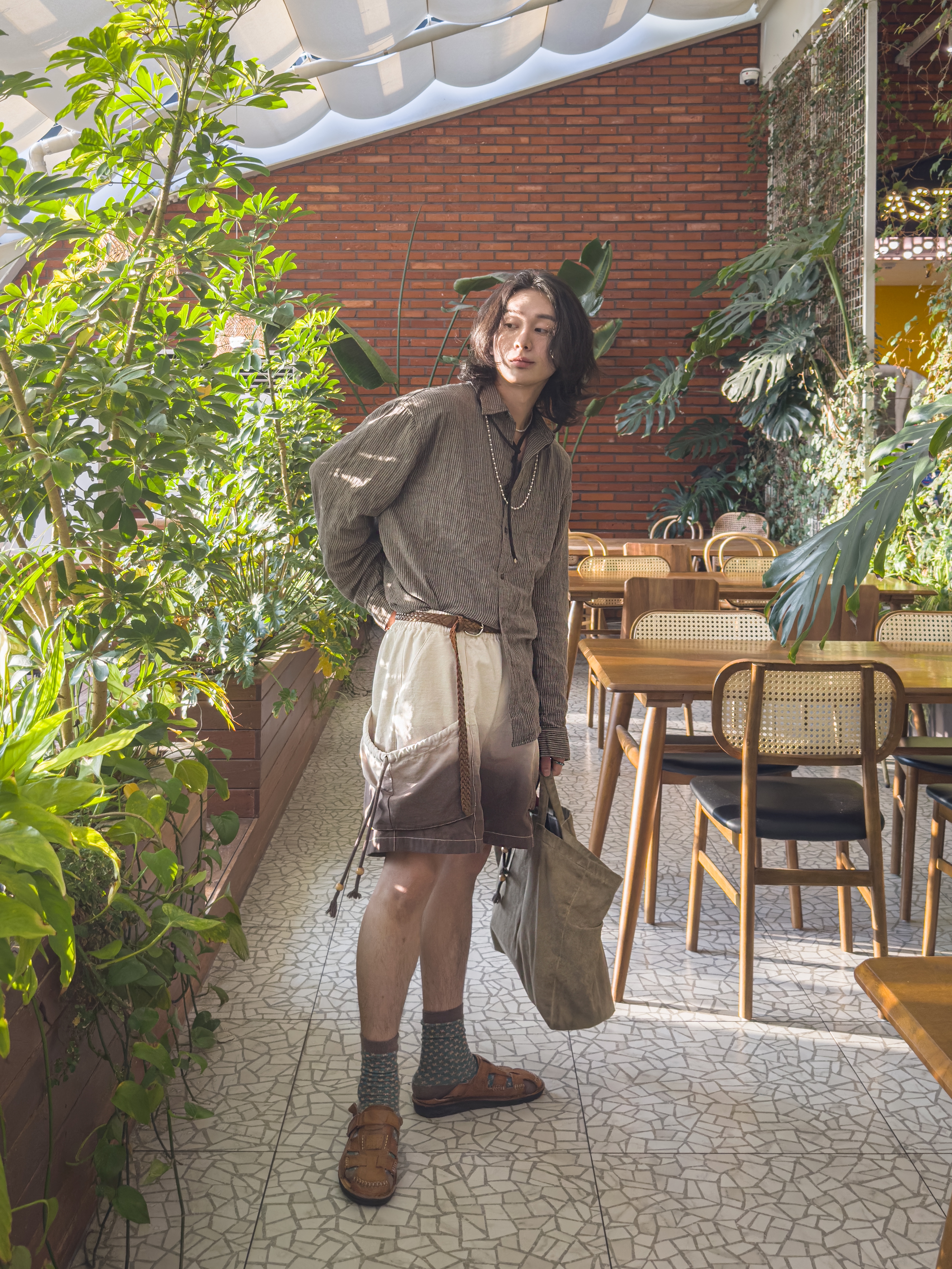 NA A NANA Gauze Stripe Shirt Brown, NA A NANA Gradation String Shorts Ecru 착용 스타일 - 6
