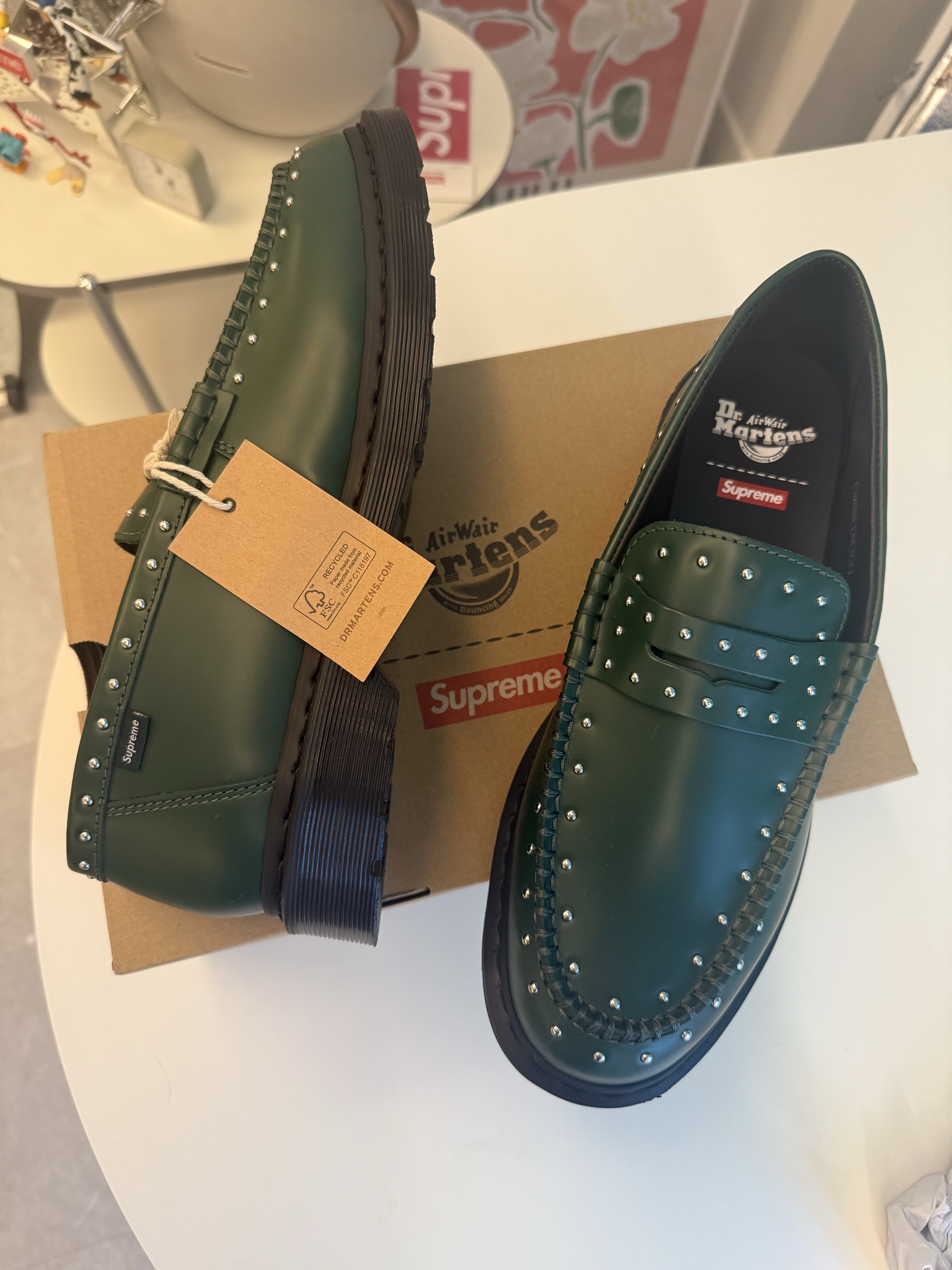 Dr. Martens x Supreme Studded Penton Loafers Dark Green - 25SS, Supreme Pilled Zip Up Hooded Sweatshirt Cheetah - 24FW 착용 스타일 - 2