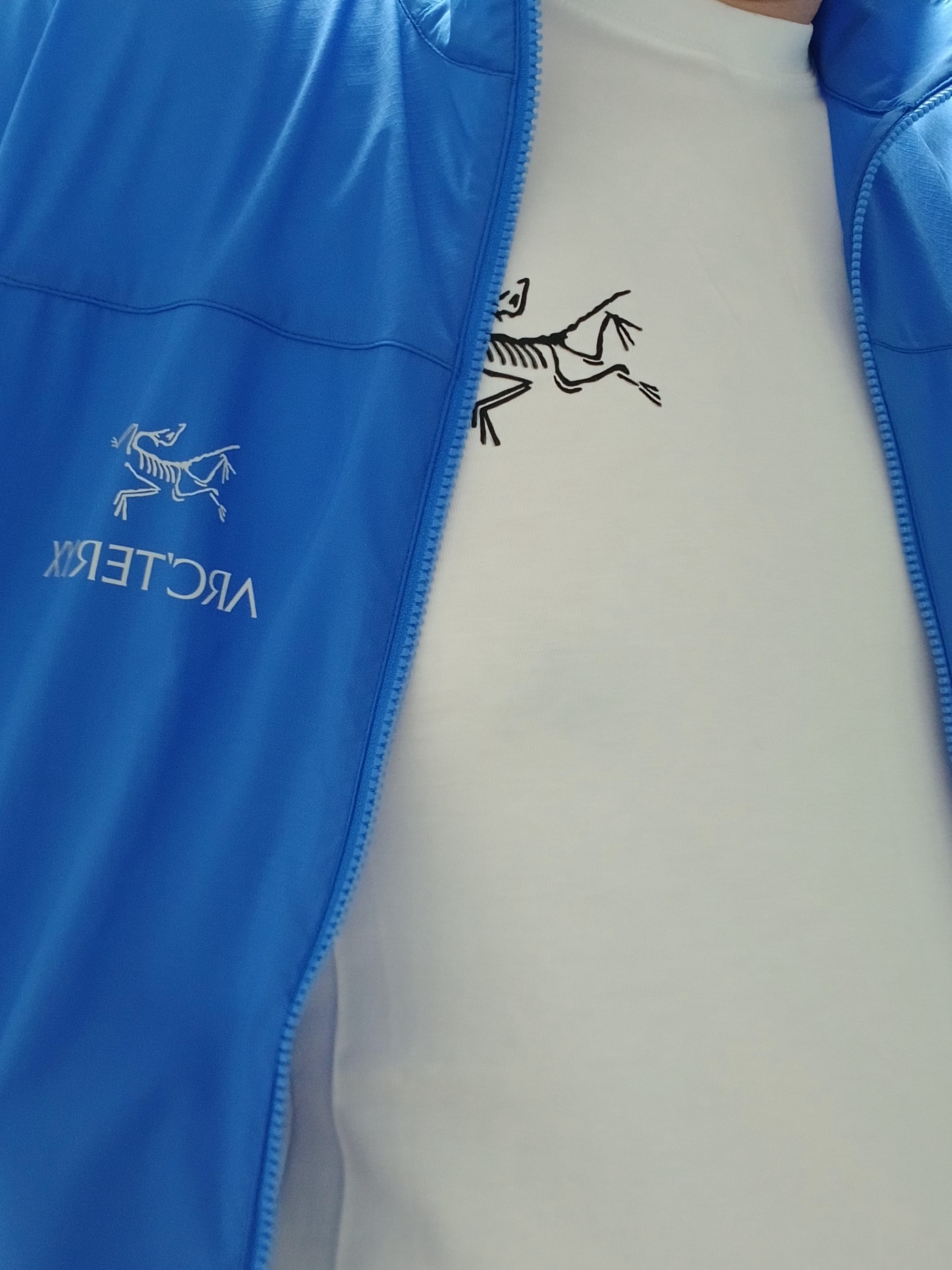 Arc'teryx Arc'Multi Bird Logo SS T-Shirt White Light, Arc'teryx Squamish Hoody Electra 착용 스타일 - 2