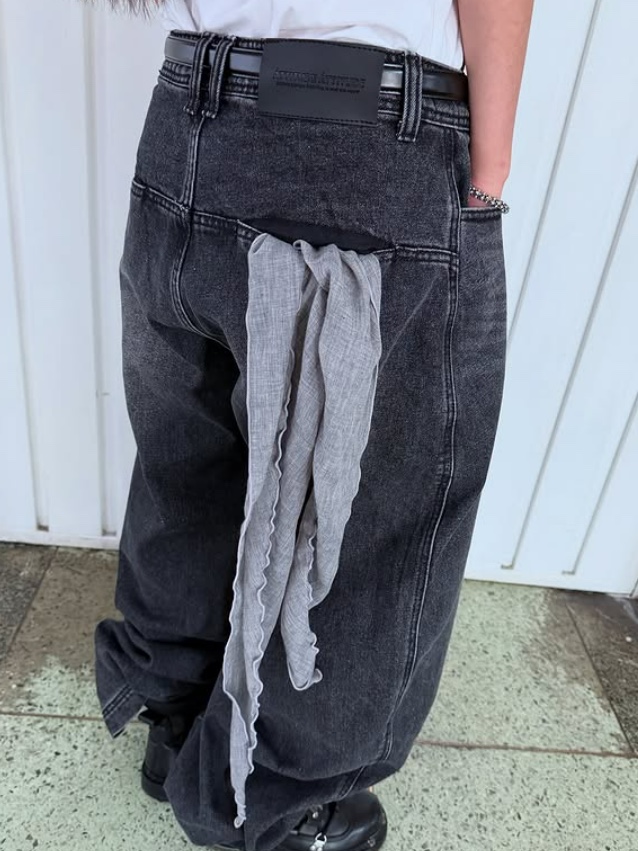 AA Curved Line Washing Wide Denim Pants Black 착용 스타일