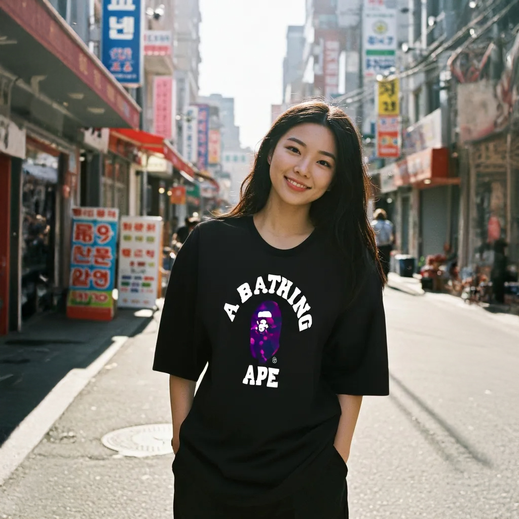 BAPE Color Camo College T-Shirt Black Purple 착용 스타일