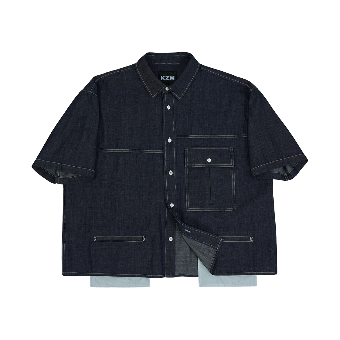 케이지엠 오버핏 데님 반팔 셔츠 블루(KZM Overfit Denim Short Sleeve Shirt Blue)