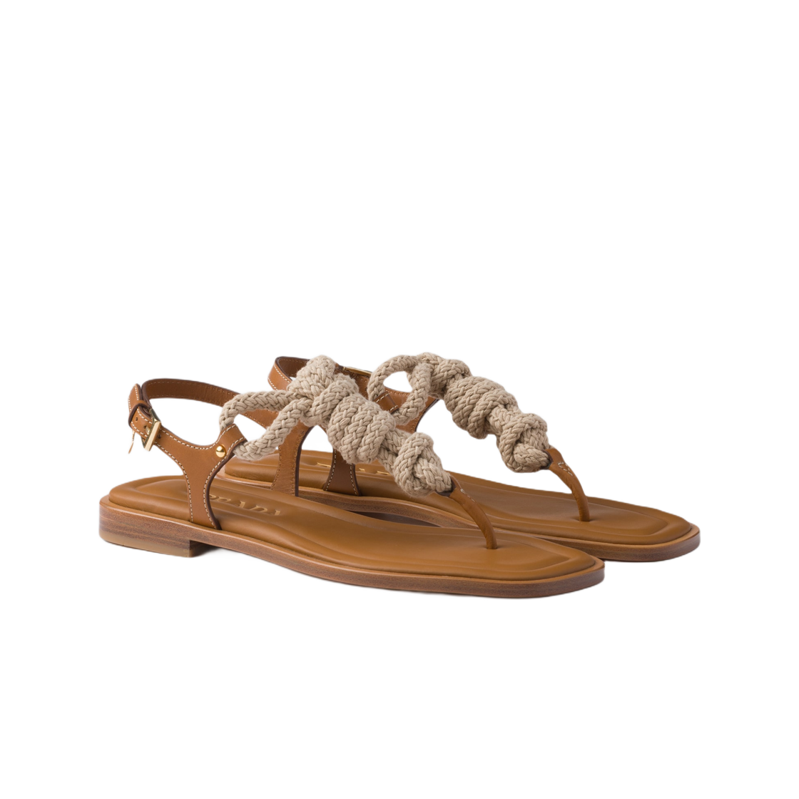 (W) 프라다 레더 앤 코드 통 샌들 라이트 탄((W) Prada Leather and Cord Thong Sandals Light Tan) - 2