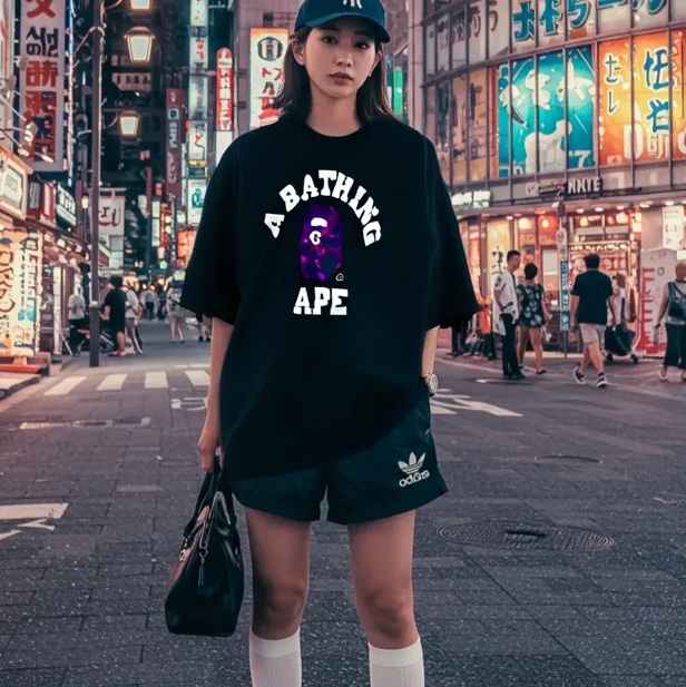BAPE Color Camo College T-Shirt Black Purple 착용 스타일