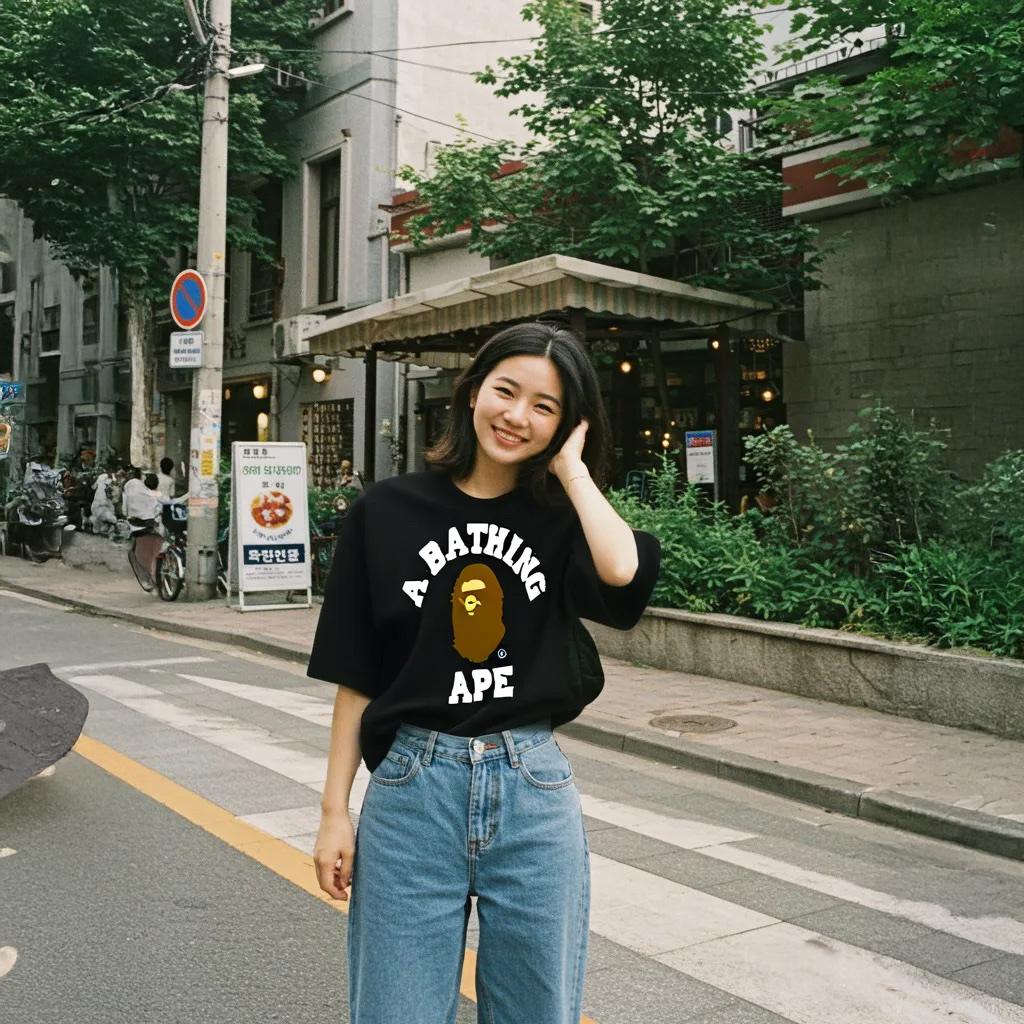 BAPE College T-Shirt Black 착용 스타일