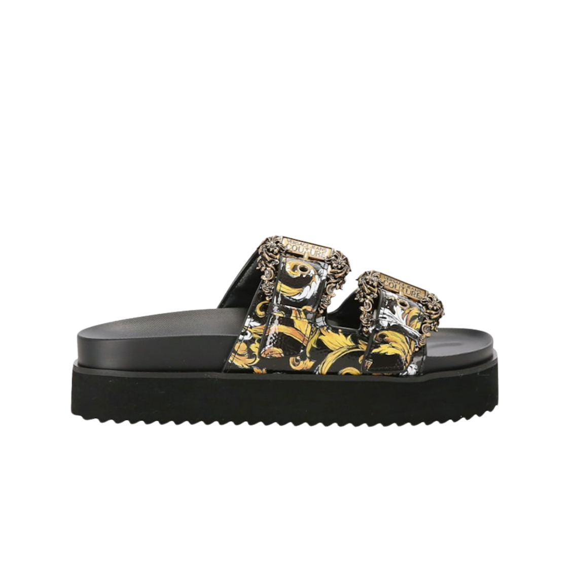 (W) 베르사체 진 꾸뛰르 바로크 버클 아리조나 샌들 블랙 골드((W) Versace Jeans Couture Arizona Sandals with Baroque Buckle Black Gold)