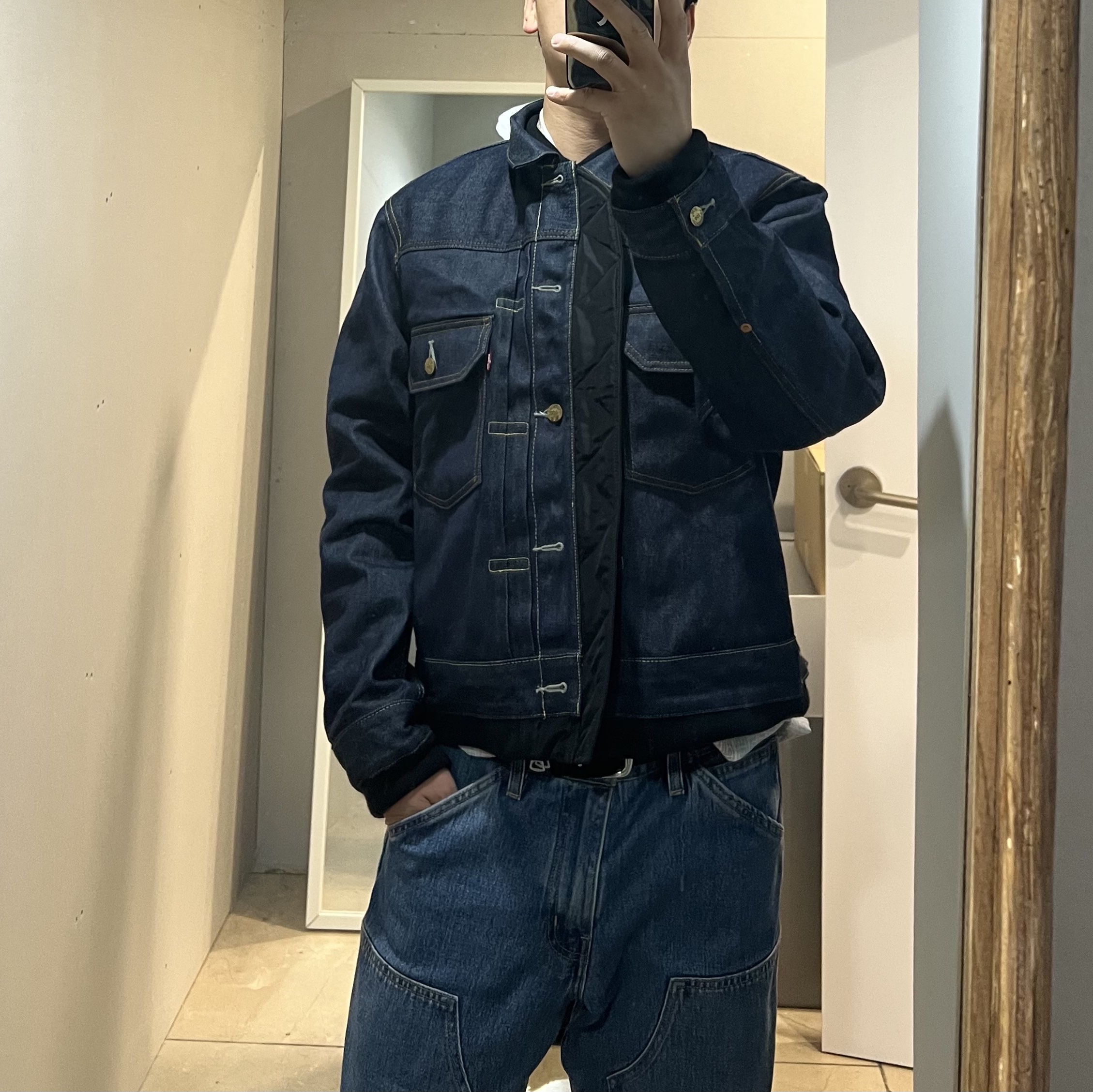 Levi's x Sacai Denim x Nylon Twill Reversible Blouson Indigo Black 착용 스타일 - 2