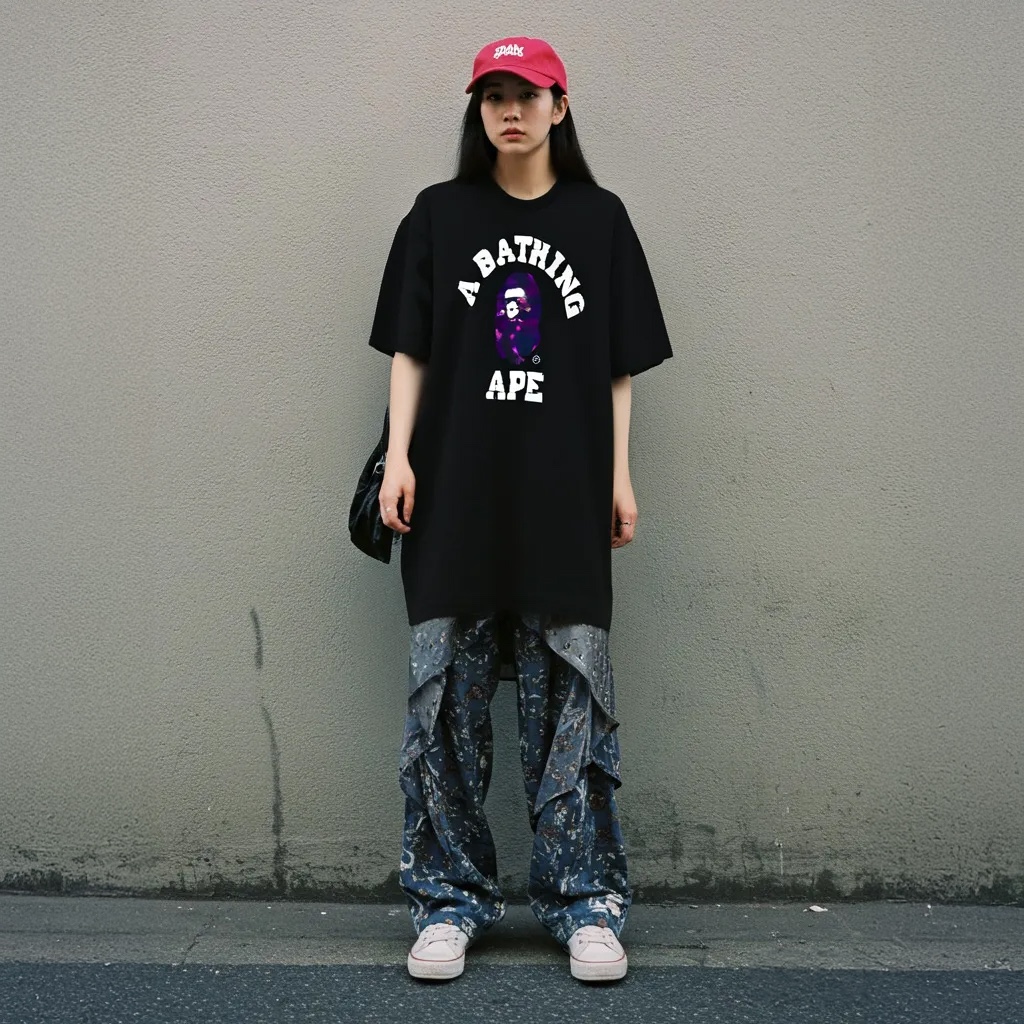 BAPE Color Camo College T-Shirt Black Purple 착용 스타일
