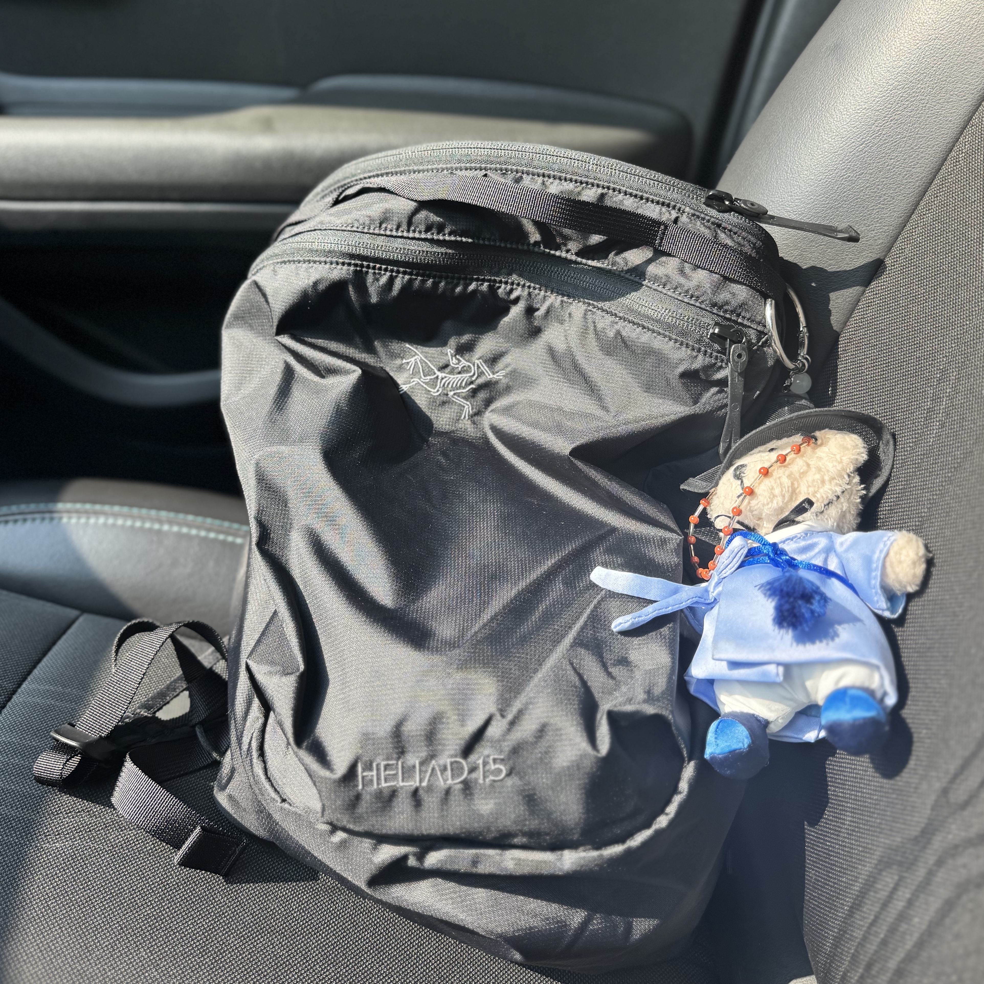 Arc'teryx Heliad 15 Backpack Black, Starbucks Hojakdo Bearista Keychain 착용 스타일