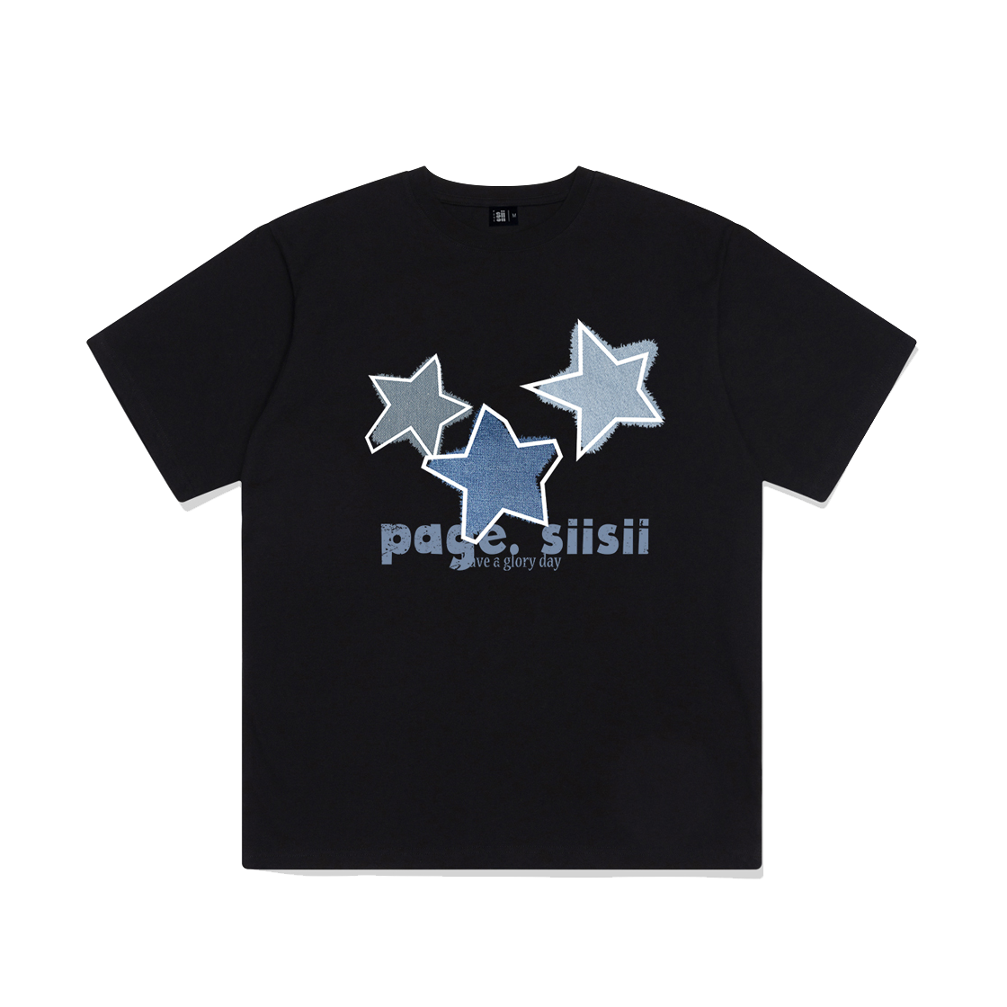P251OTS023BK pagesiisii Blue Denim Star Printed Short Sleeve T-shirt Black