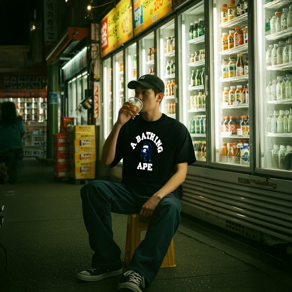 BAPE Color Camo College T-Shirt Black Navy 착용 스타일