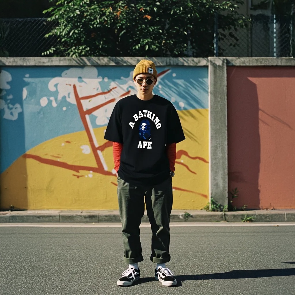 BAPE Color Camo College T-Shirt Black Navy 착용 스타일