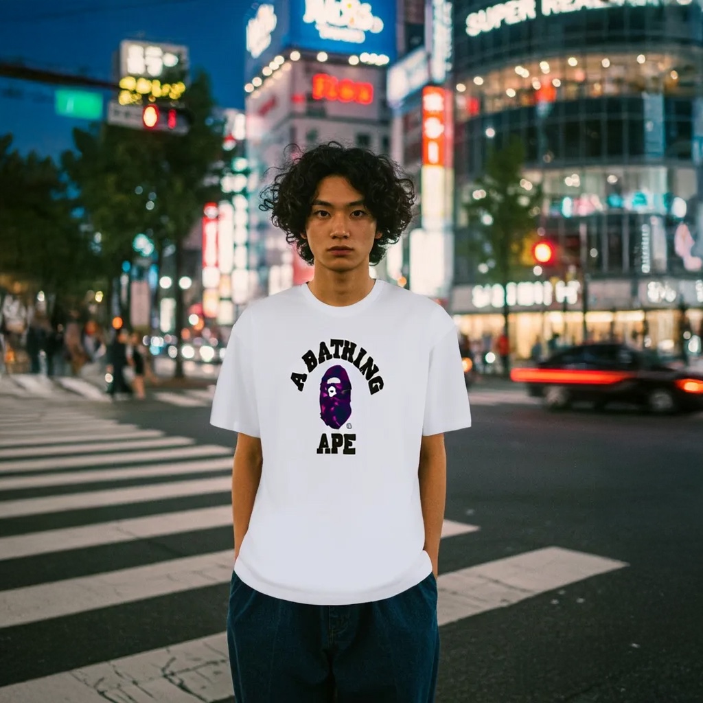 BAPE Color Camo College T-Shirt White Purple 착용 스타일