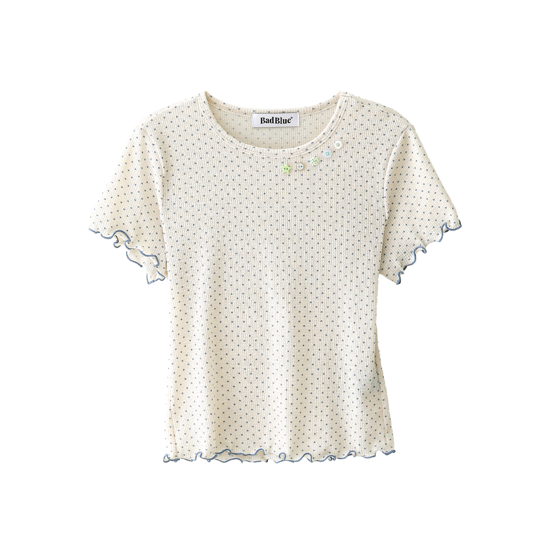 배드블루 쉬어 도트 버튼 베이비 티 베이지(BadBlue Sheer Dot Buttons Baby Tee Beige)