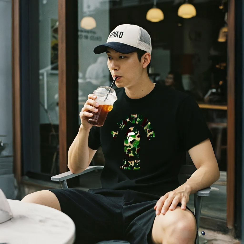 BAPE ABC Camo College T-Shirt Black Green 착용 스타일