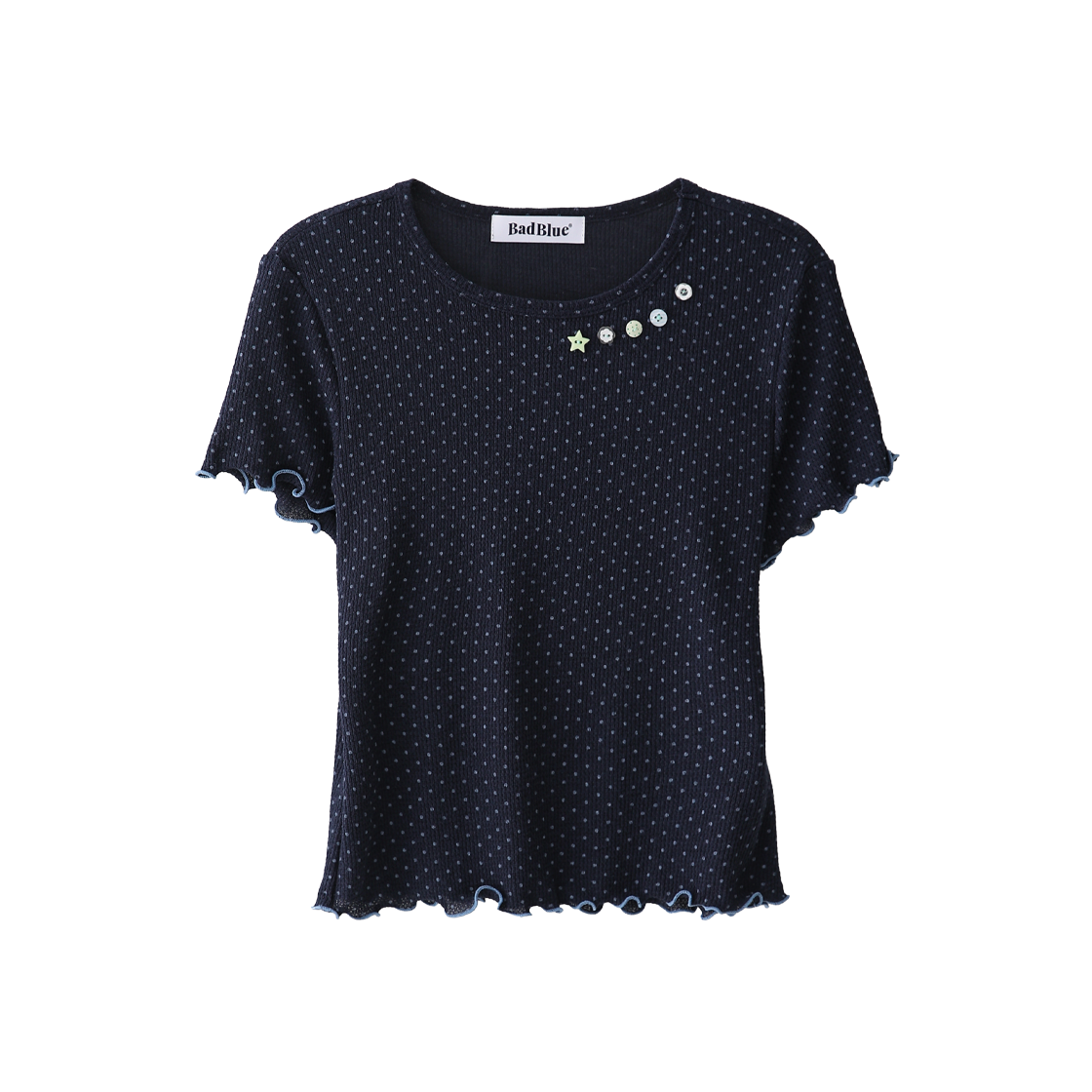 배드블루 쉬어 도트 버튼 베이비 티 네이비(BadBlue Sheer Dot Buttons Baby Tee Navy)