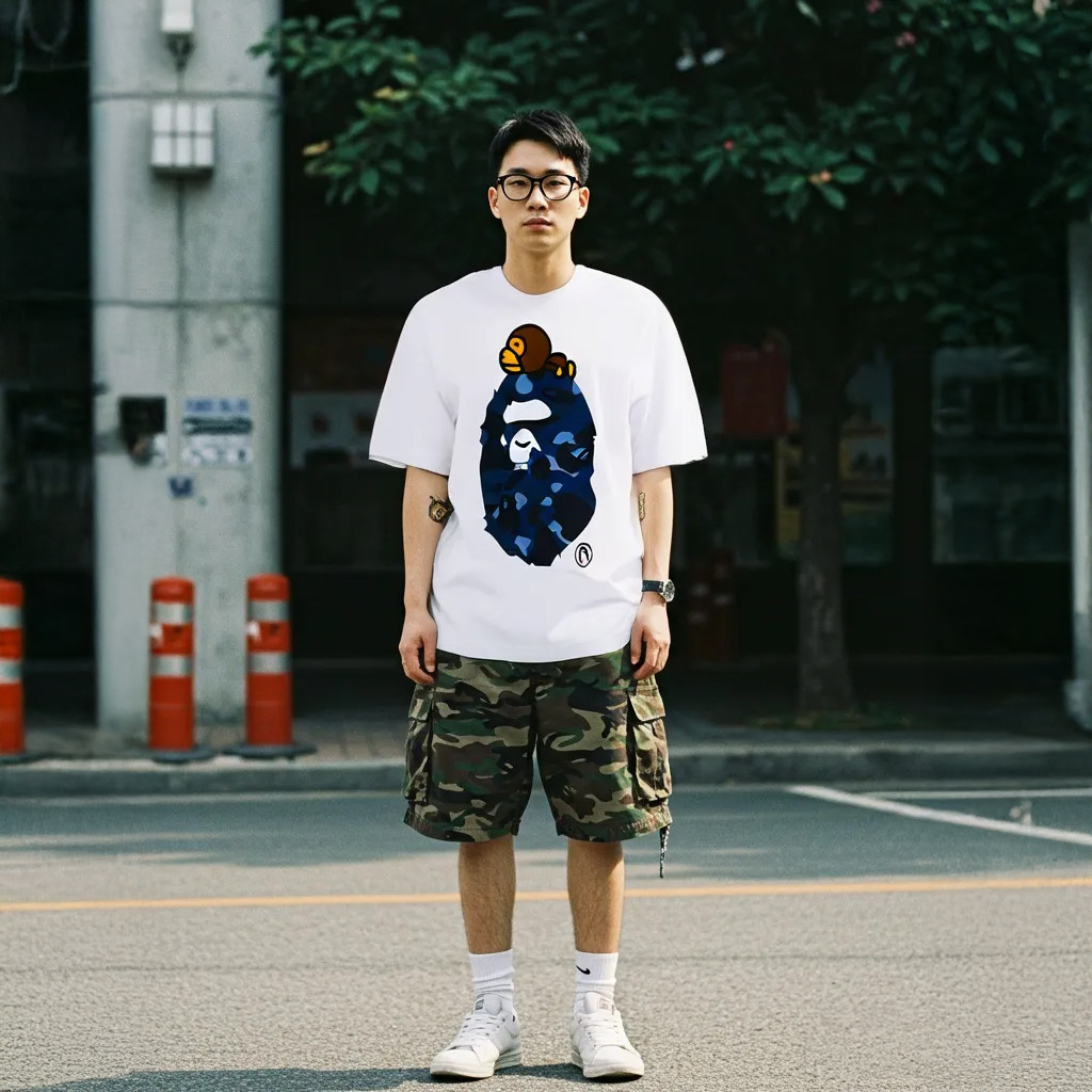 BAPE Color Camo Milo on Big Ape T-Shirt White Navy 착용 스타일