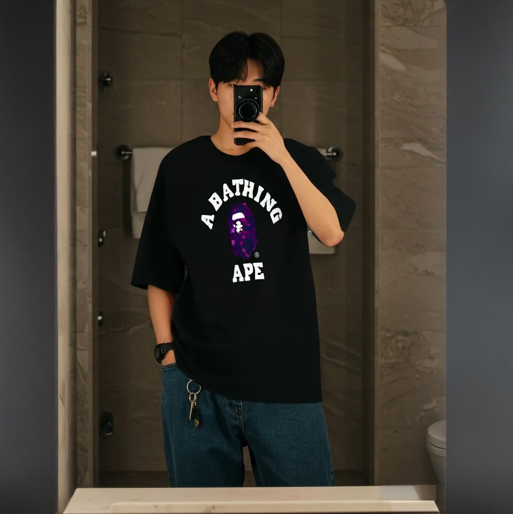 BAPE Color Camo College T-Shirt Black Purple 착용 스타일