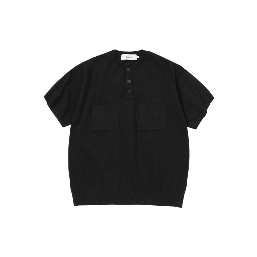 K25SSU16BK Knitted Linen Henley Neck Two Pocket Knit Black