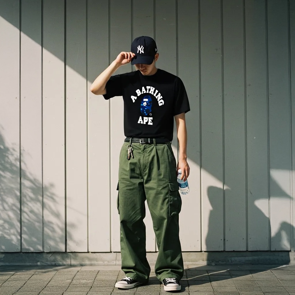BAPE Color Camo College T-Shirt Black Navy 착용 스타일
