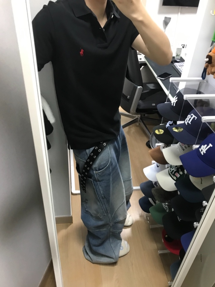 MJD 3D Knee Denim Pants Blue, Kamien x MJD Double Hole Belt Black Shearling Calfskin 착용 스타일