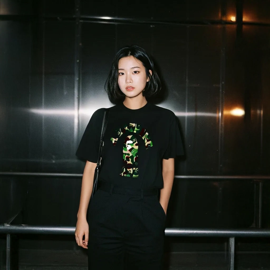BAPE ABC Camo College T-Shirt Black Green 착용 스타일