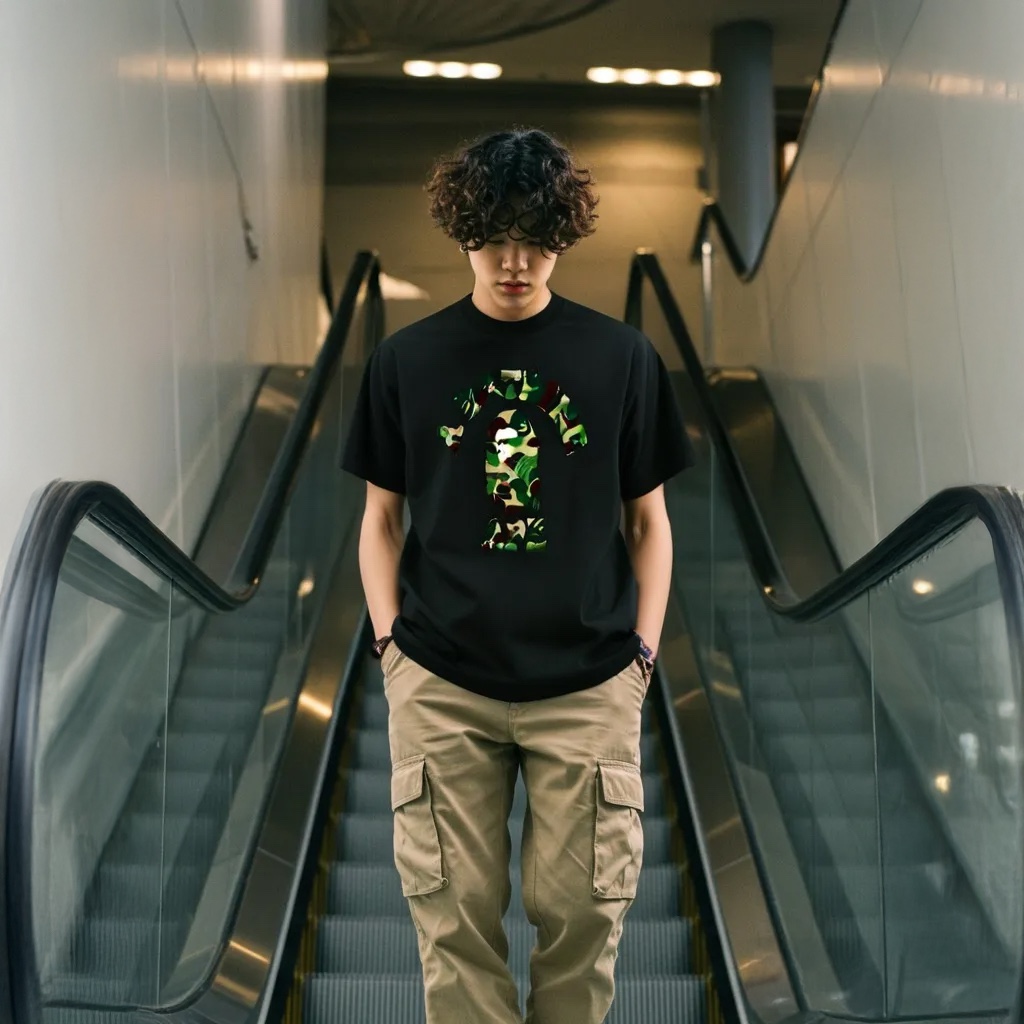 BAPE ABC Camo College T-Shirt Black Green 착용 스타일