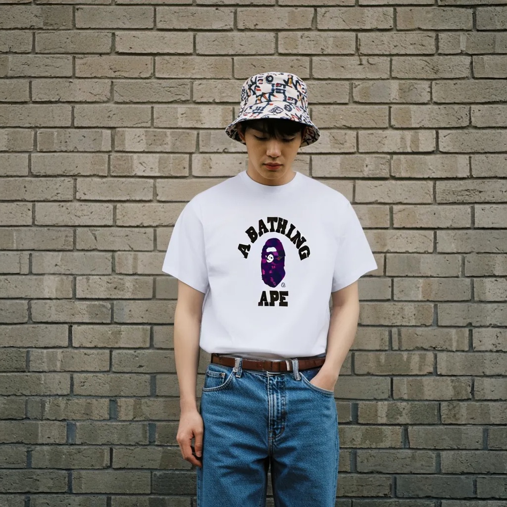 BAPE Color Camo College T-Shirt White Purple 착용 스타일