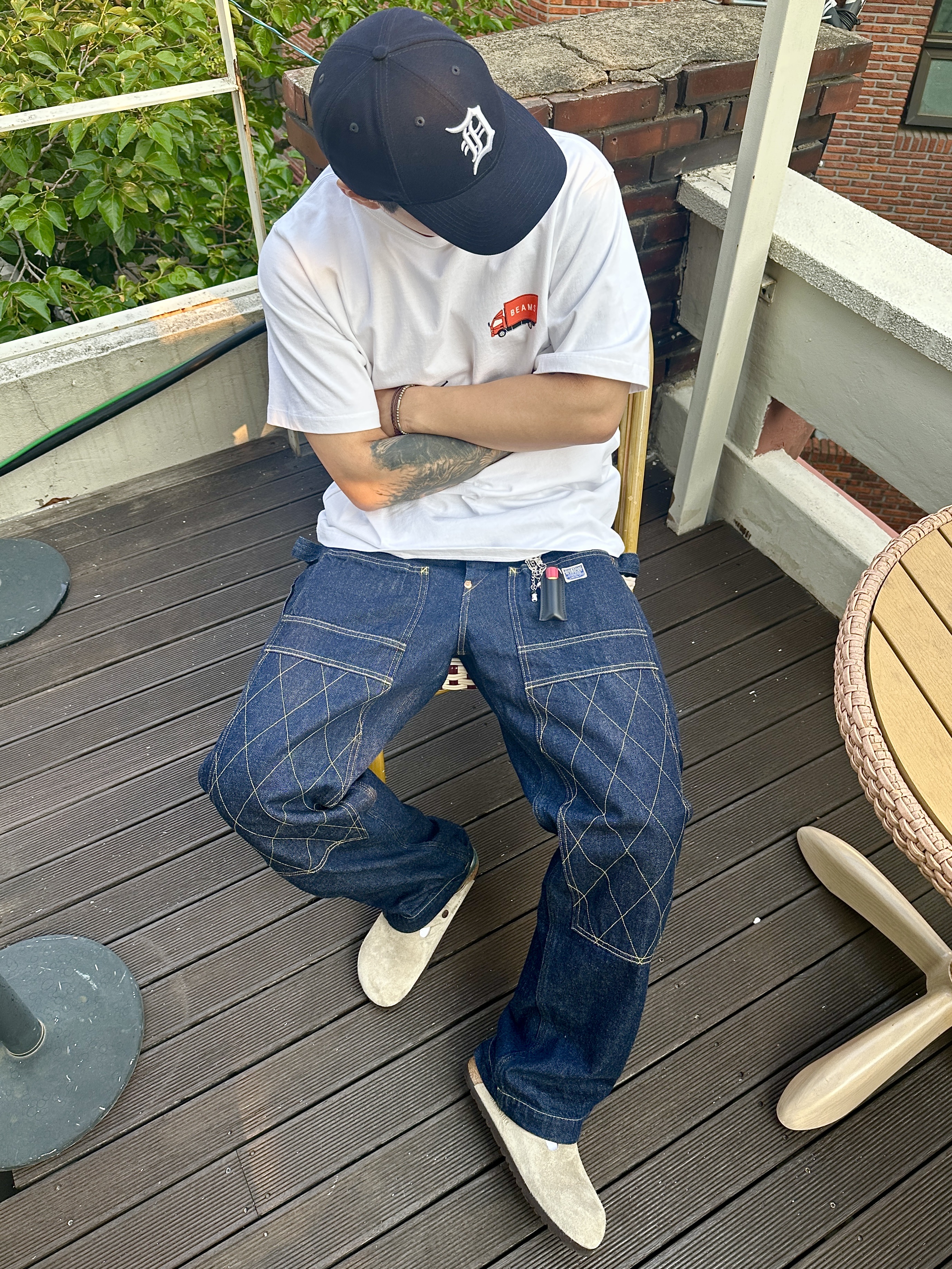 Kapital 11.5 oz. Denim Lumber Pants Indigo, Birkenstock Boston Suede Leather Taupe - Regular 착용 스타일 - 1