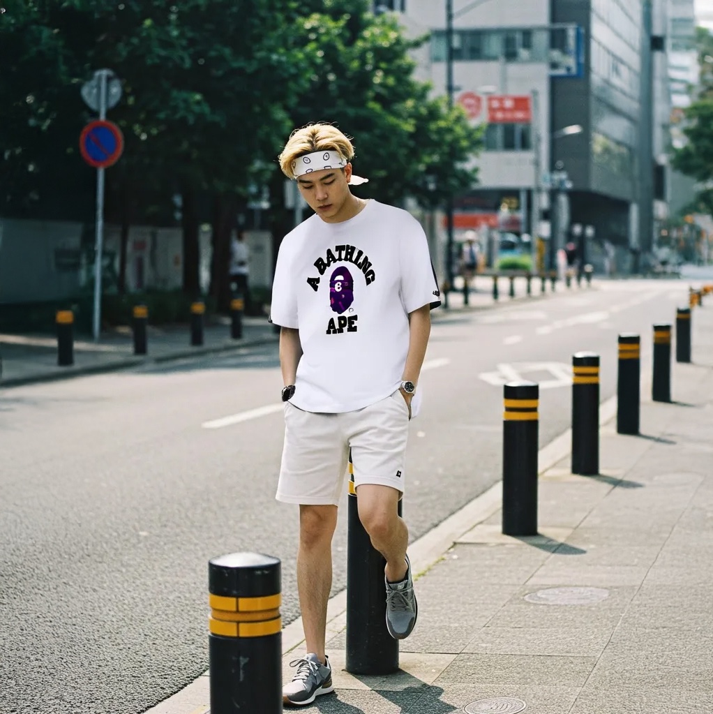 BAPE Color Camo College T-Shirt White Purple 착용 스타일