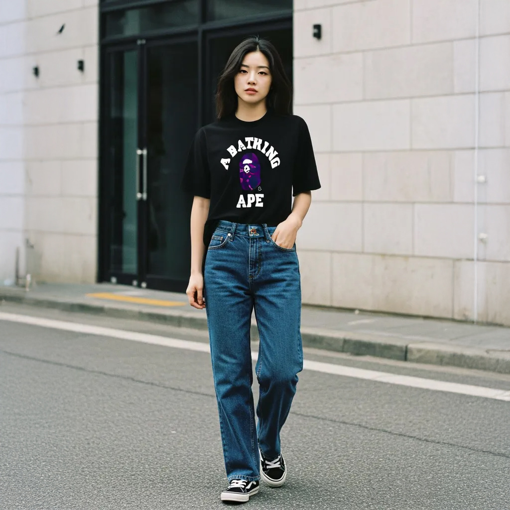 BAPE Color Camo College T-Shirt Black Purple 착용 스타일