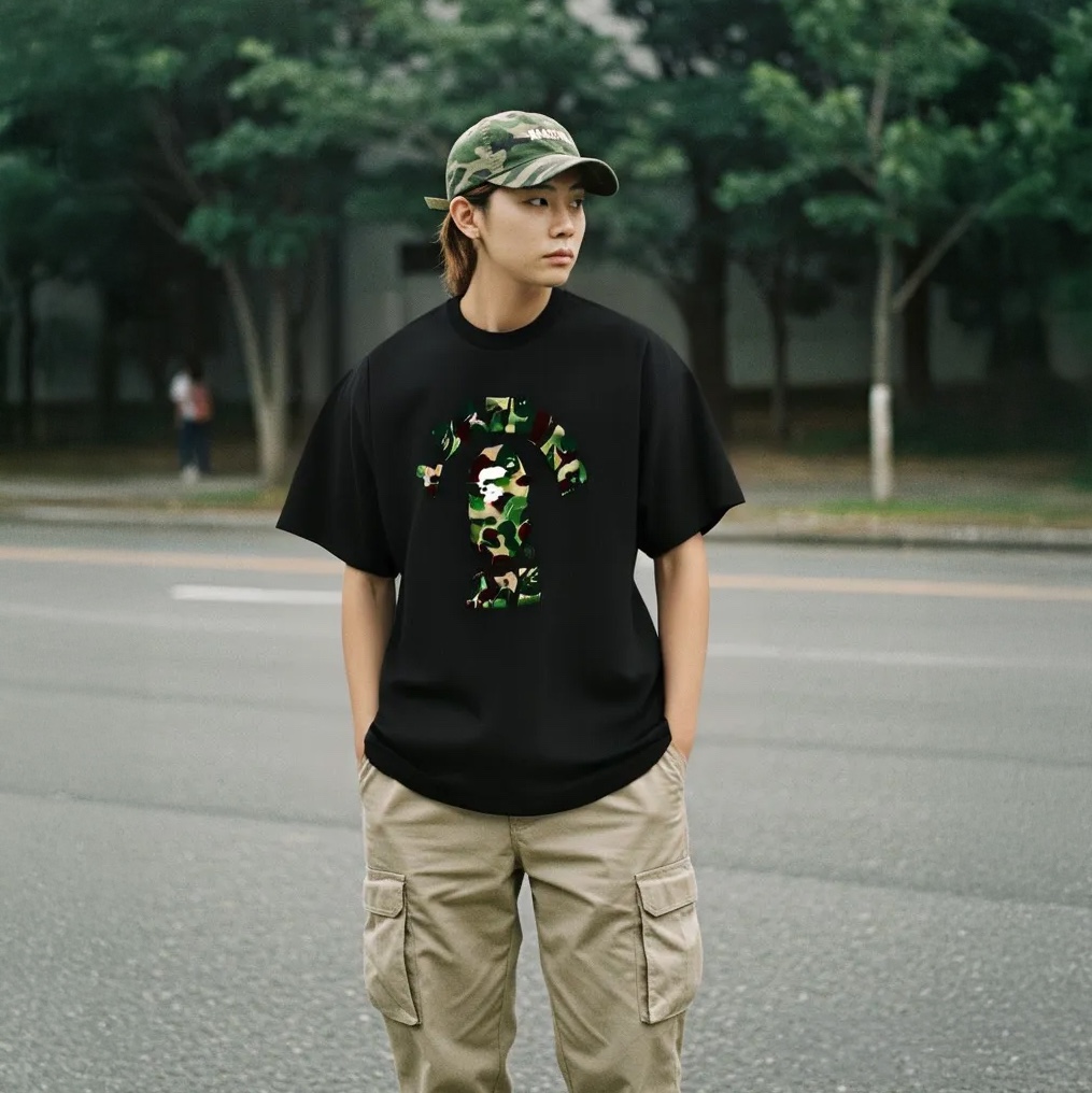BAPE ABC Camo College T-Shirt Black Green 착용 스타일