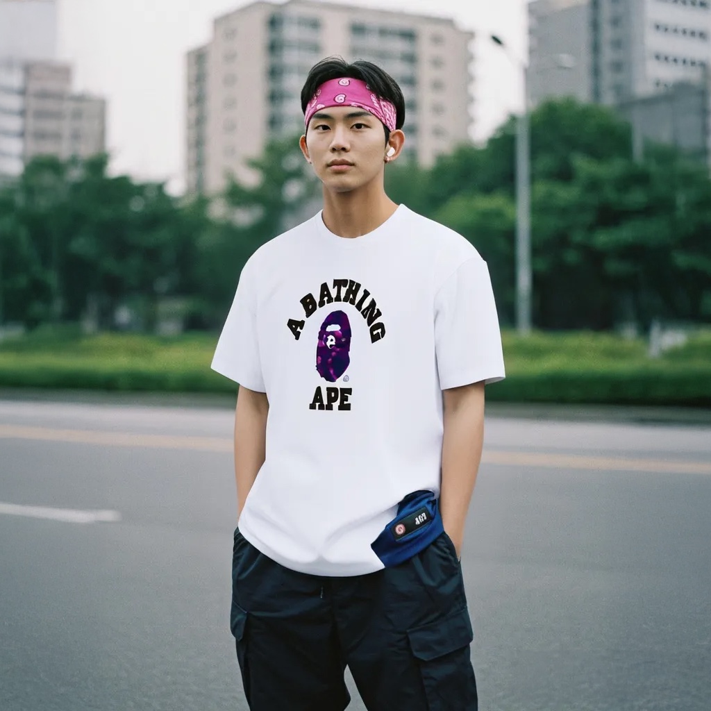 BAPE Color Camo College T-Shirt White Purple 착용 스타일