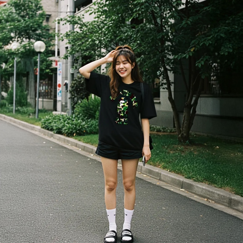 BAPE ABC Camo College T-Shirt Black Green 착용 스타일