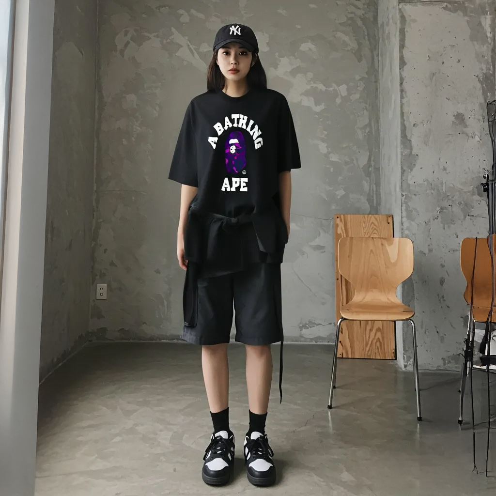 BAPE Color Camo College T-Shirt Black Purple 착용 스타일