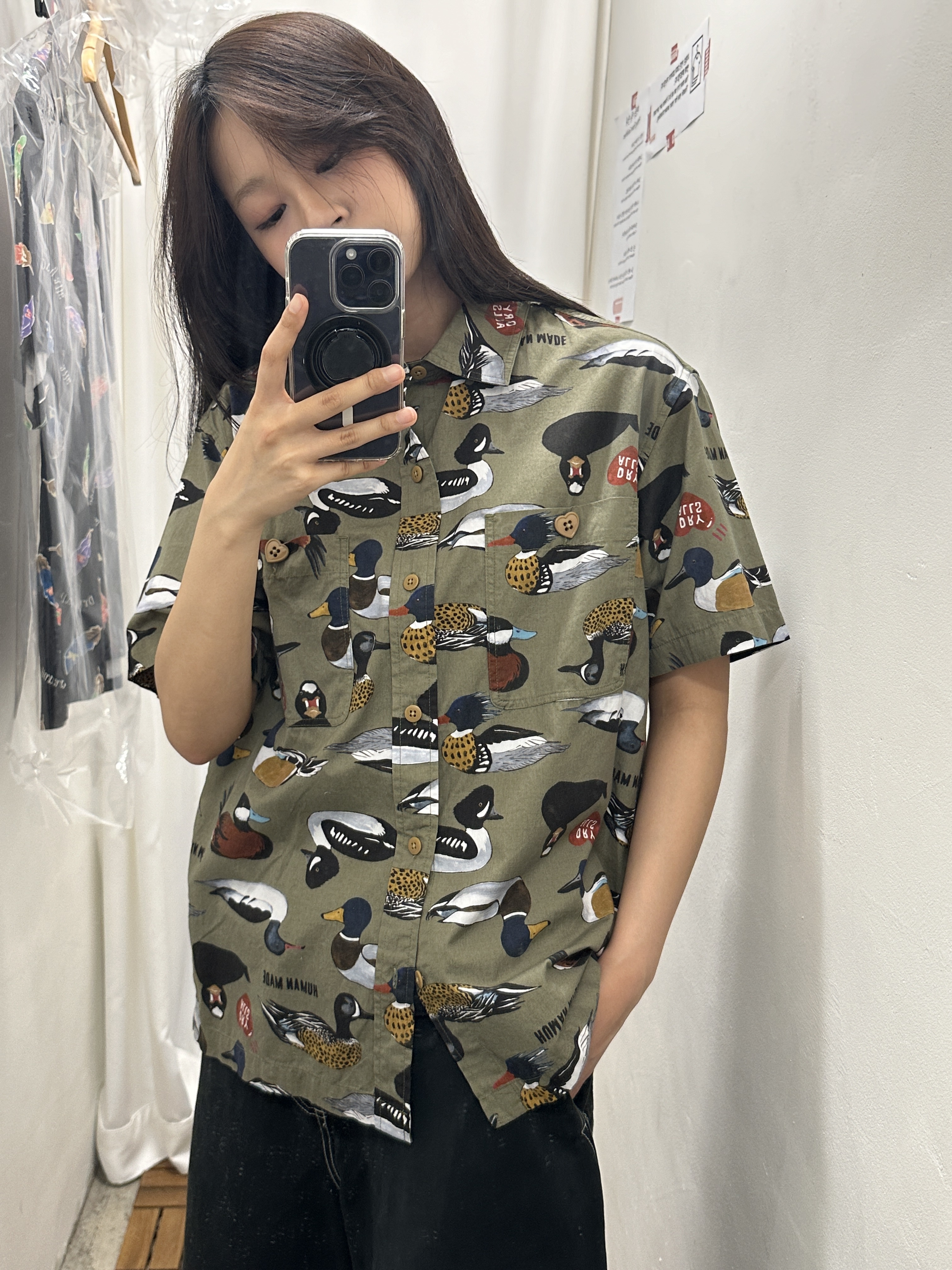 Human Made Duck S/S Shirt Olive Drab, Human Made Feather Aloha Shirt Black 착용 스타일 - 1