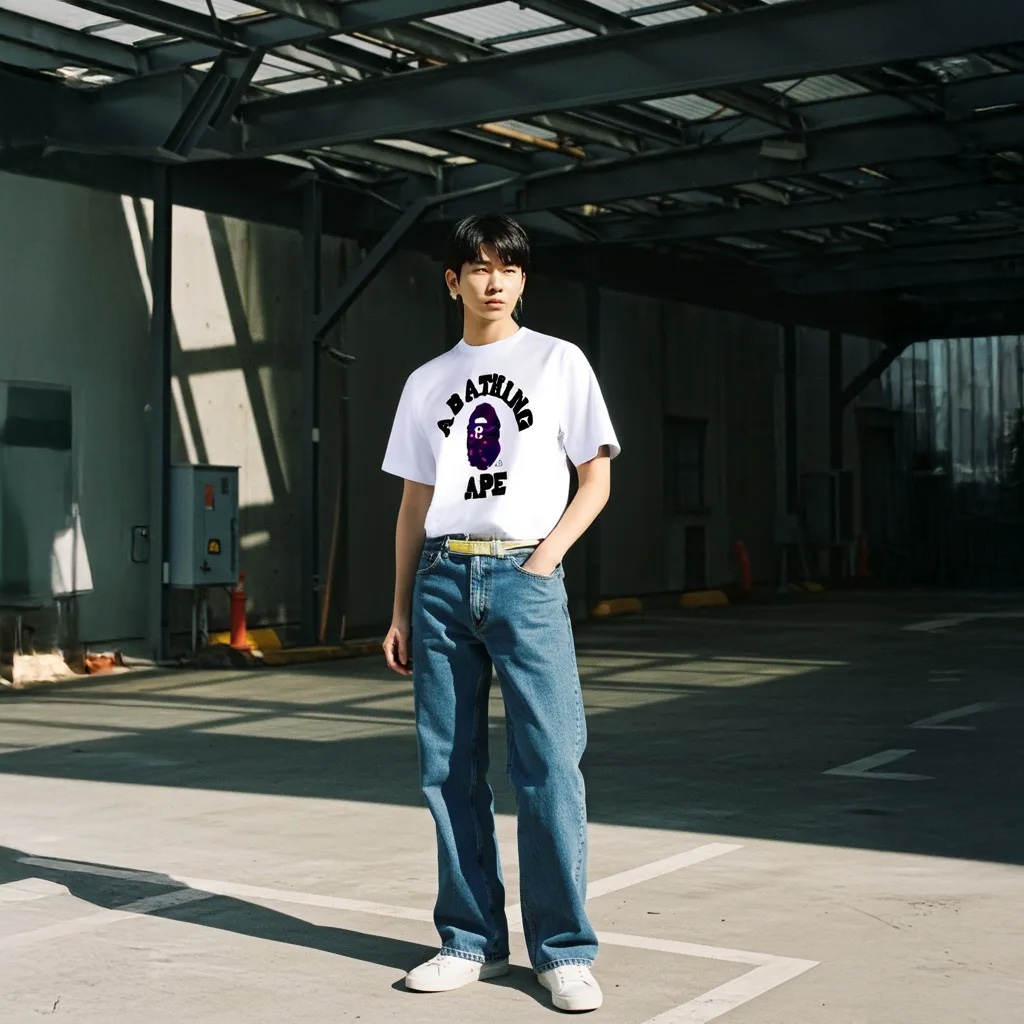 BAPE Color Camo College T-Shirt White Purple 착용 스타일