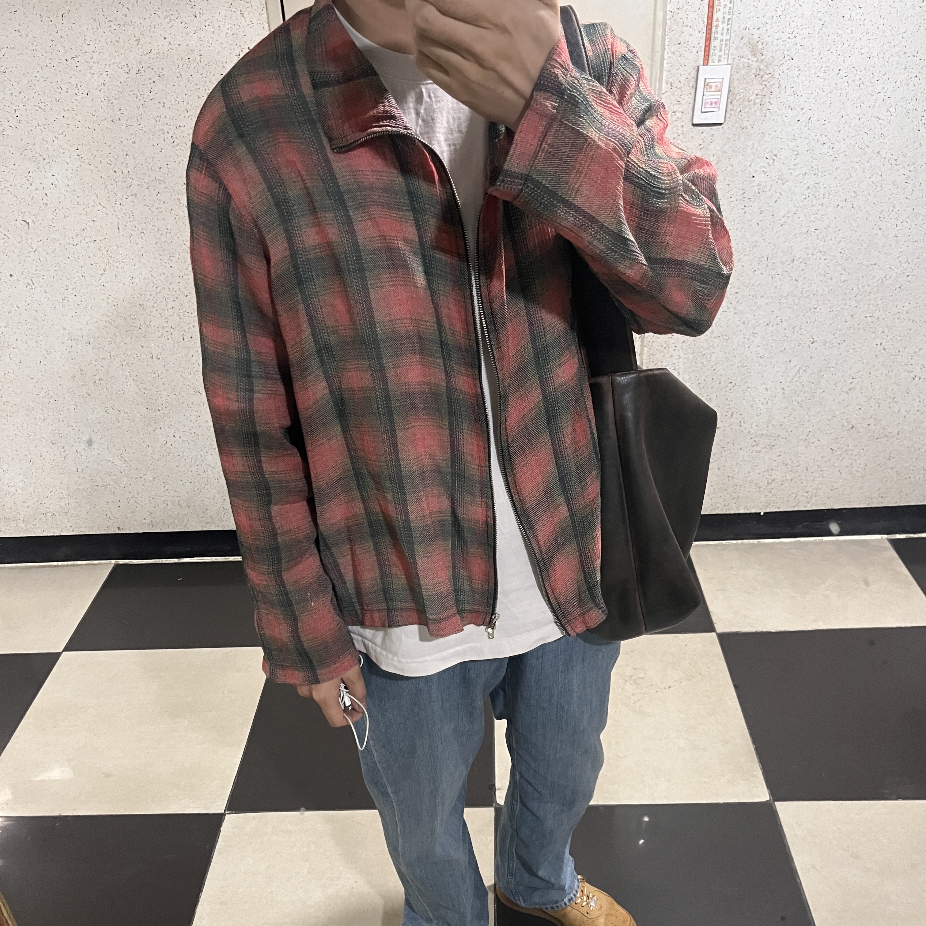 Our Legacy Shrunken Full zip Polo Jacket Big Lumbercheck Print 착용 스타일 - 1