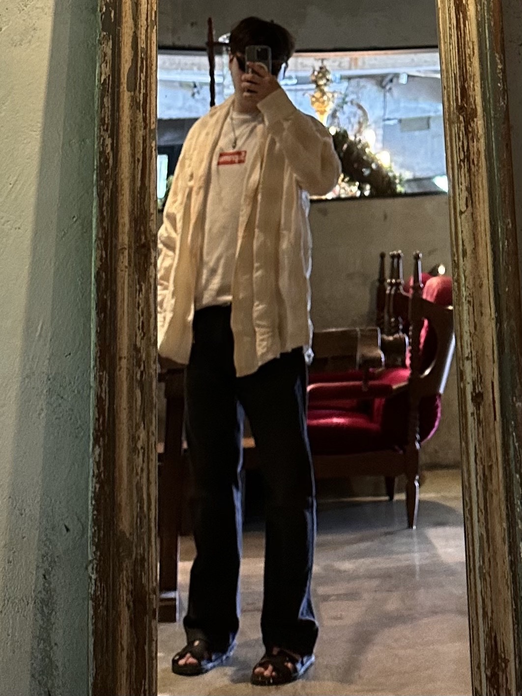Our Legacy Borrowed BD Shirt Naturelle Spectral Check, Our Legacy Belt 2cm Leather Brown 착용 스타일