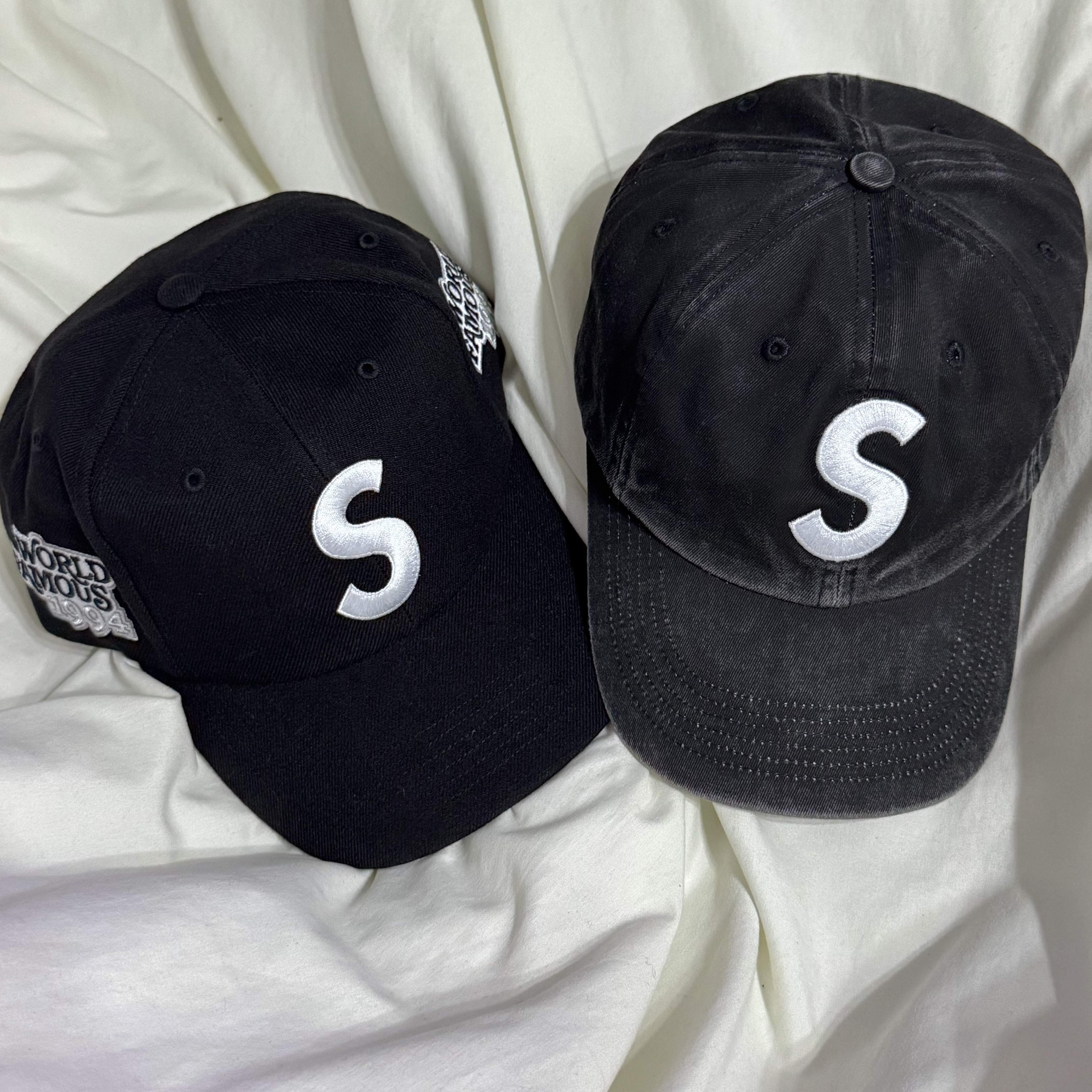 Supreme World Famous S Logo 6-Panel Black, Supreme Pigment Coated S Logo 6-Panel Black - 25SS 착용 스타일