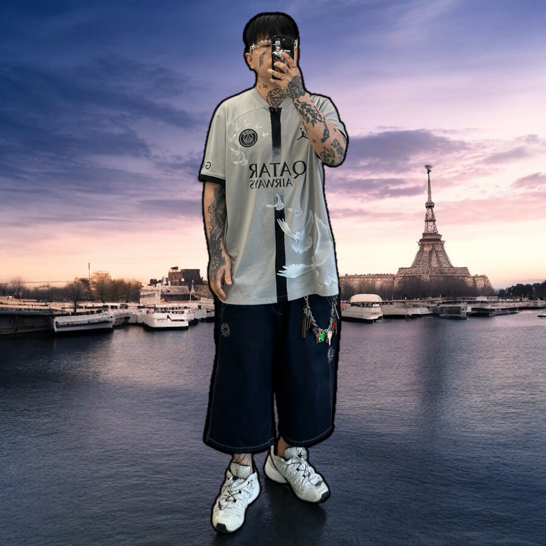 Gentle Monster Briolette 02 Silver Clear, Jordan x Paris Saint-Germain x 3.Paradis 2022/23 Dri-Fit Stadium Away Jersey Light Smoke Grey 착용 스타일 - 1