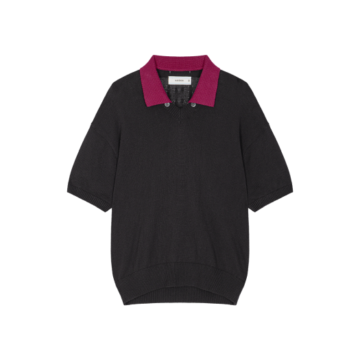 Waviness25220 Waviness Toggled Petal Collar V-Neck Half Knit Black Magenta