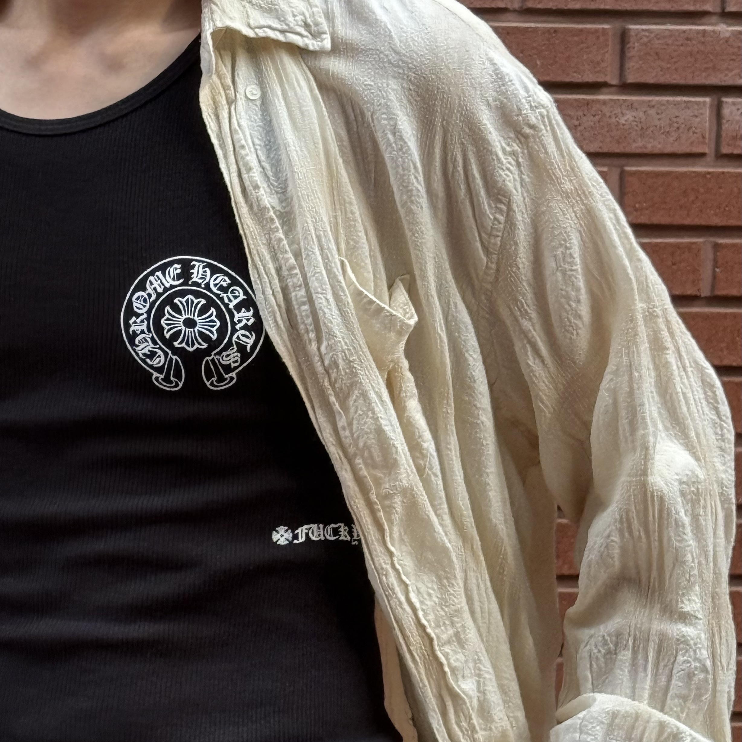Chrome Hearts Horseshoe Fuck You Logo Tank Top Black, Our Legacy Borrowed BD Shirt Naturelle Spectral Check 착용 스타일 - 3