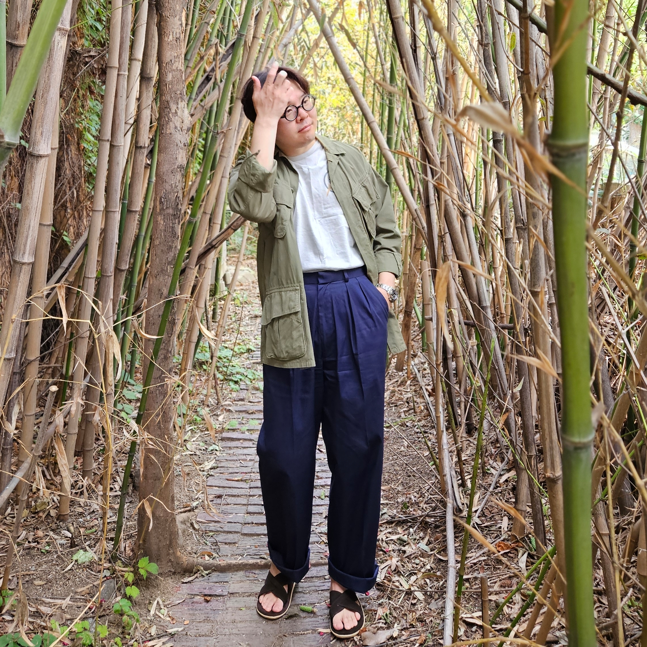Island Slipper Slide Black Suede, Orslow 6010 US Army Tropical Jacket One Wash Army Green 착용 스타일 - 2
