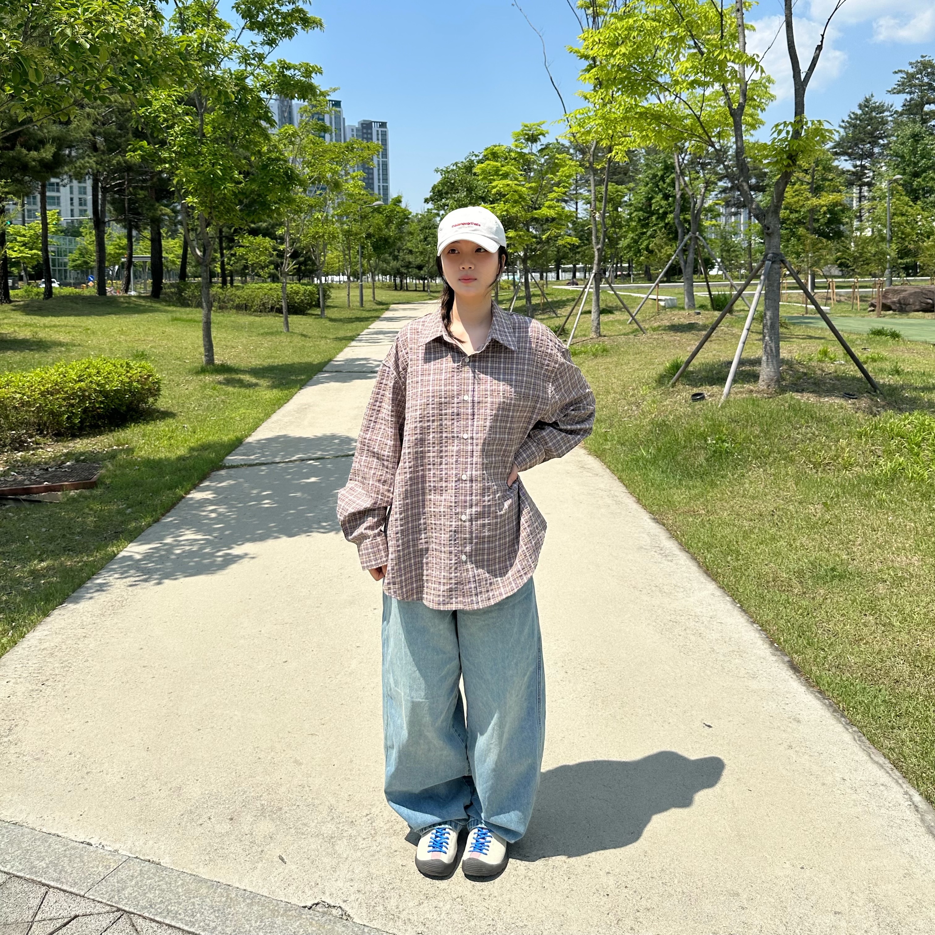 Permanent Archive Fine Checkered Shirt Purple & Yellow, (W) Keen Jasper Suede Sneakers Birch Fawn 착용 스타일 - 1