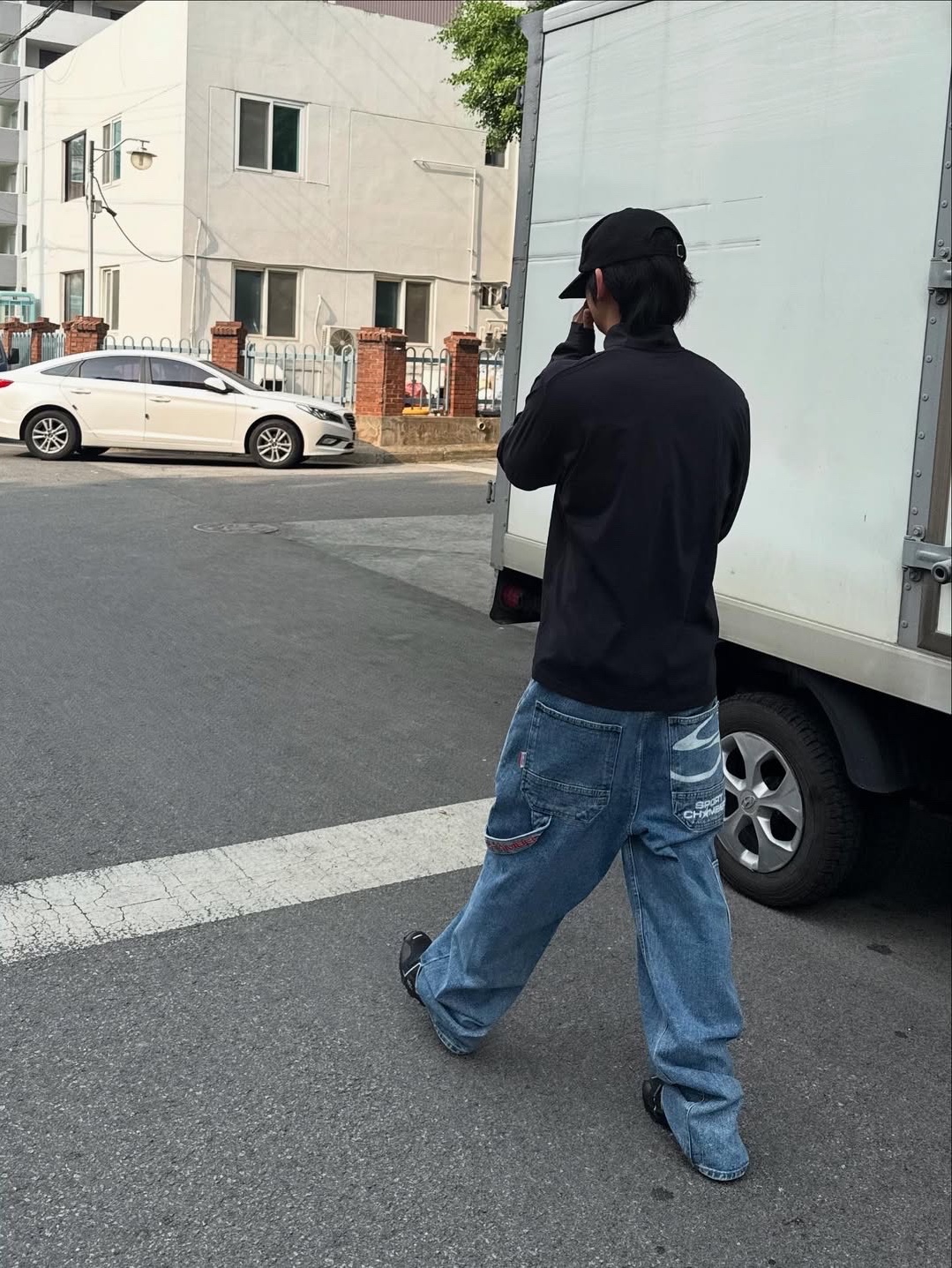 SPORT CHAMBER SC 90's Carpenter Denim Pants Blue, Salomon XT-6 GTX Black Silver 착용 스타일 - 3