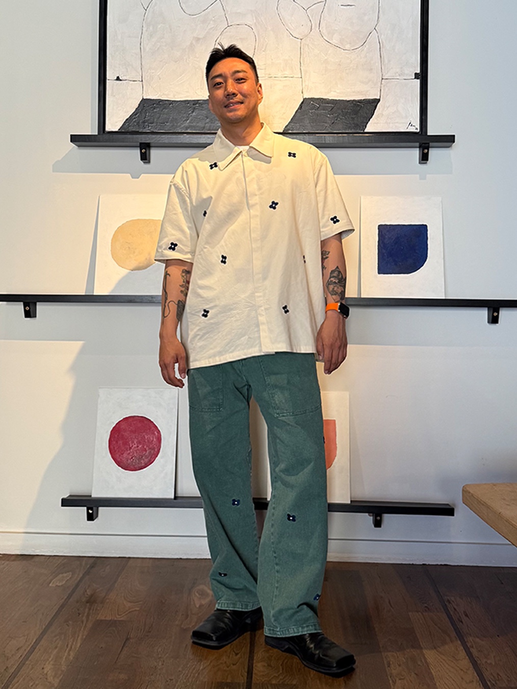 Hongwoosung Embroidery Flower Washed Fatigue Pants Green, Hongwoosung Embroidery Flower Shirt Off White 착용 스타일
