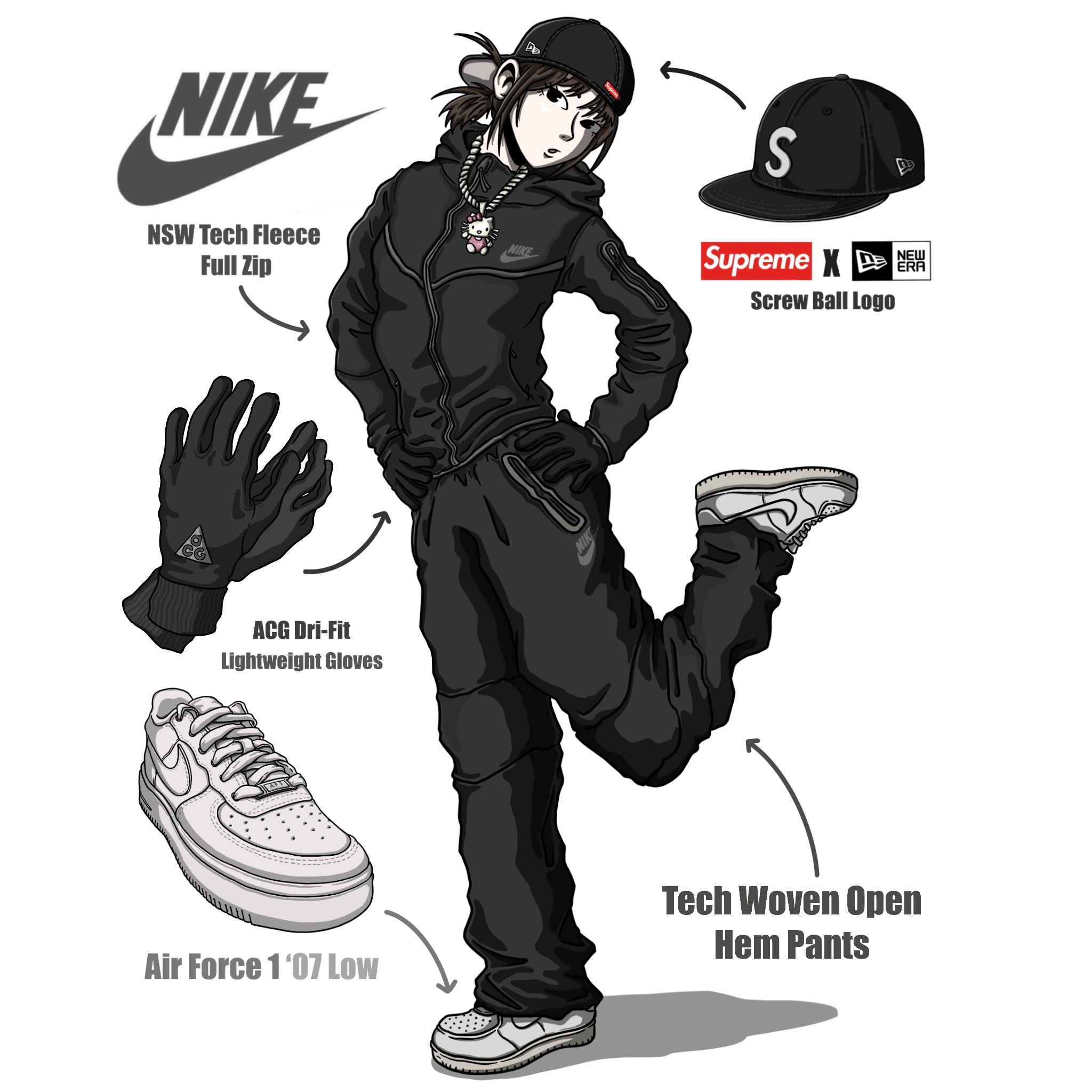 Nike Air Force 1 '07 Low White, Nike ACG Dri-Fit Lightweight Gloves Black Silver 착용 스타일